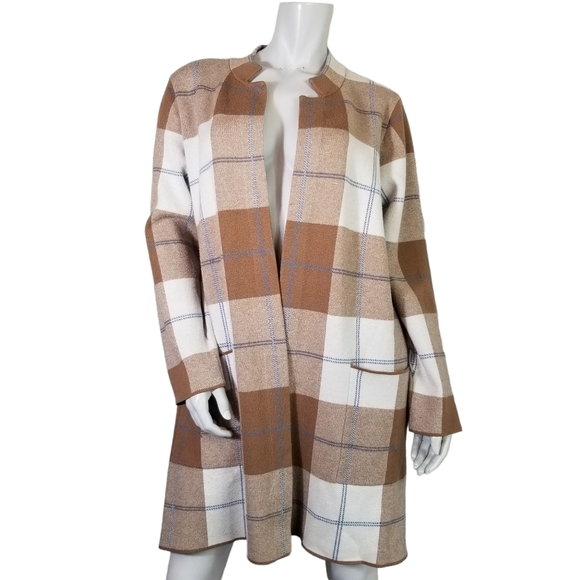 TJ Maxx Tops - TJ Maxx Brown, Cream & Blue Plaid Oversized Cardian Shacket with Pockets